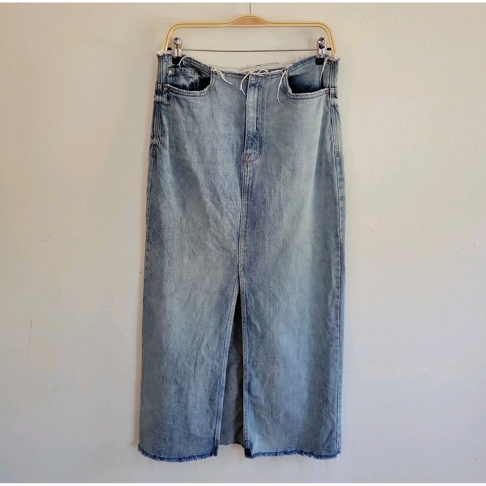 Kensie Jeans‎ Denim Maxi Skirt 28 Retro Luxe Stretch Medium Wash Raw Edge Grunge